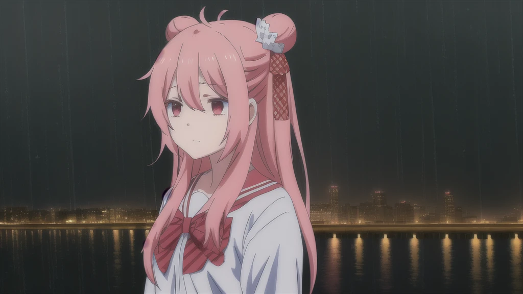 masterpiece, best quality, city background, rainy, 1girl, solo, upper body, bow, serafuku, satou, emotionless, expressionless, anime wallpaper 4k, detailed background, detailed hair