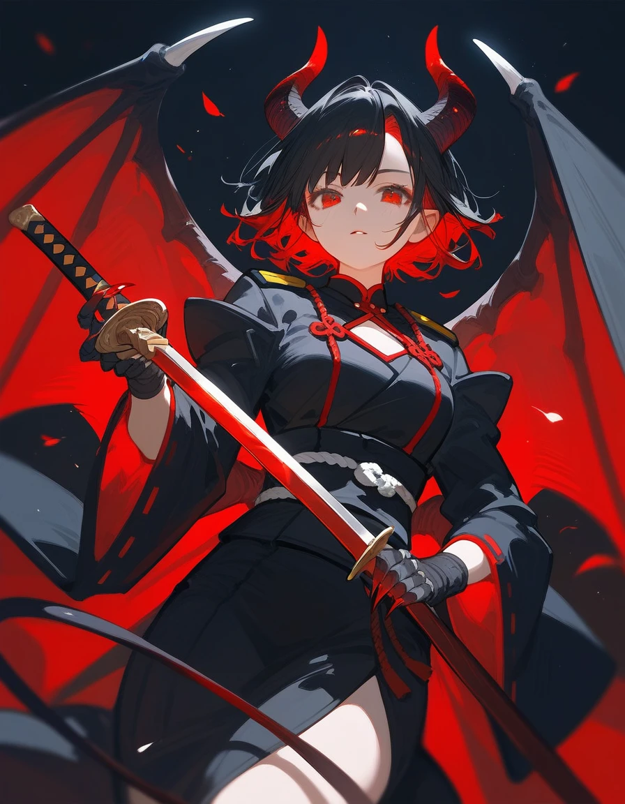 (score_9,score_8_up,score_7_up),1girl,girl demon,red hair,red eyes,wings,claws,black dress,beautiful_face,Uniform Black hair Holding a sword Japan Japanese style