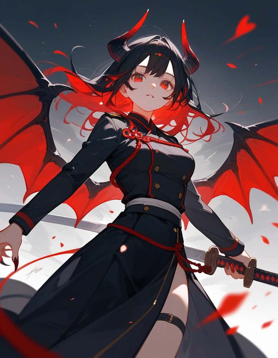 (score_9,score_8_up,score_7_up),1girl,girl demon,red hair,red eyes,wings,claws,black dress,beautiful_face,Uniform Black hair Holding a sword Japan Japanese style