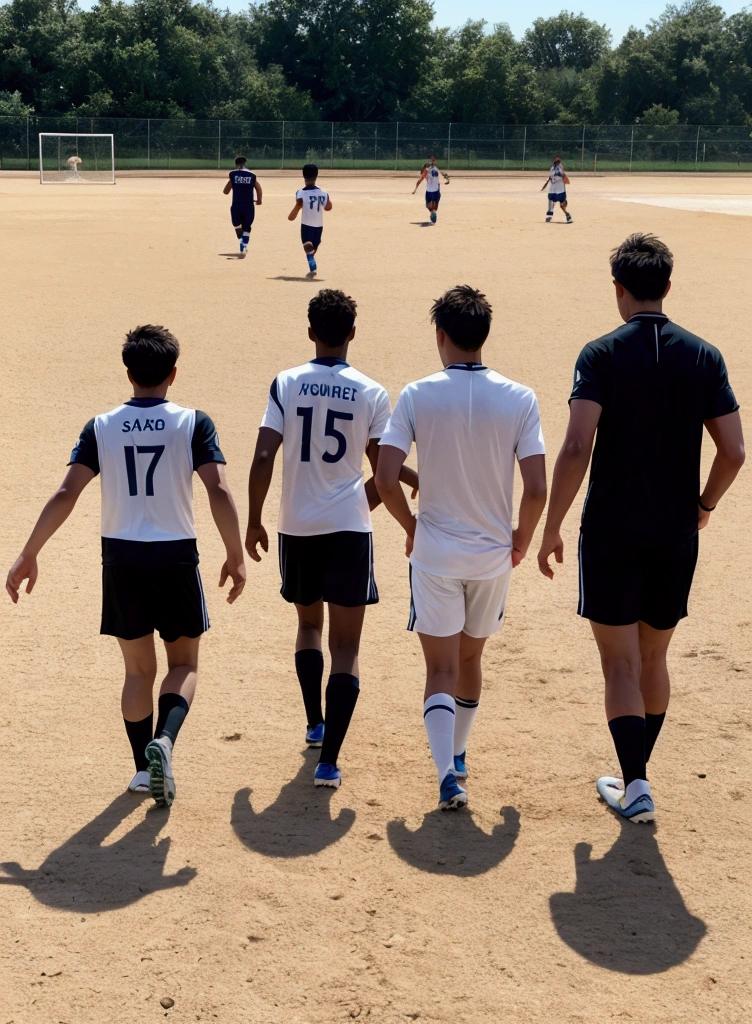 Male players walking backwards towards a soccer football cup on a dirt soccer field