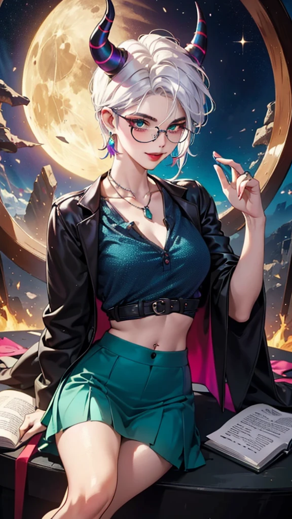 8k, masterpiece, best quality, highly detailed, 1 girl, tiefling, warlock, multicolored hair, very short straight hair green highlight hair on white hair, strippled hair, wearing glasses, round glasses, earrings, navel piercing, miniskirt, red eyeshadow, long eyelashes, blushed cheek, red lips, necklace, rings, collarbone, mole, glamorous, teal clothing, purple clothes, smirk, close up view, rings, looking at viewer, demon horns, solo, nightmarish landscape, blue pale moon, sitting, cosmic horror, decaying, holding devil books