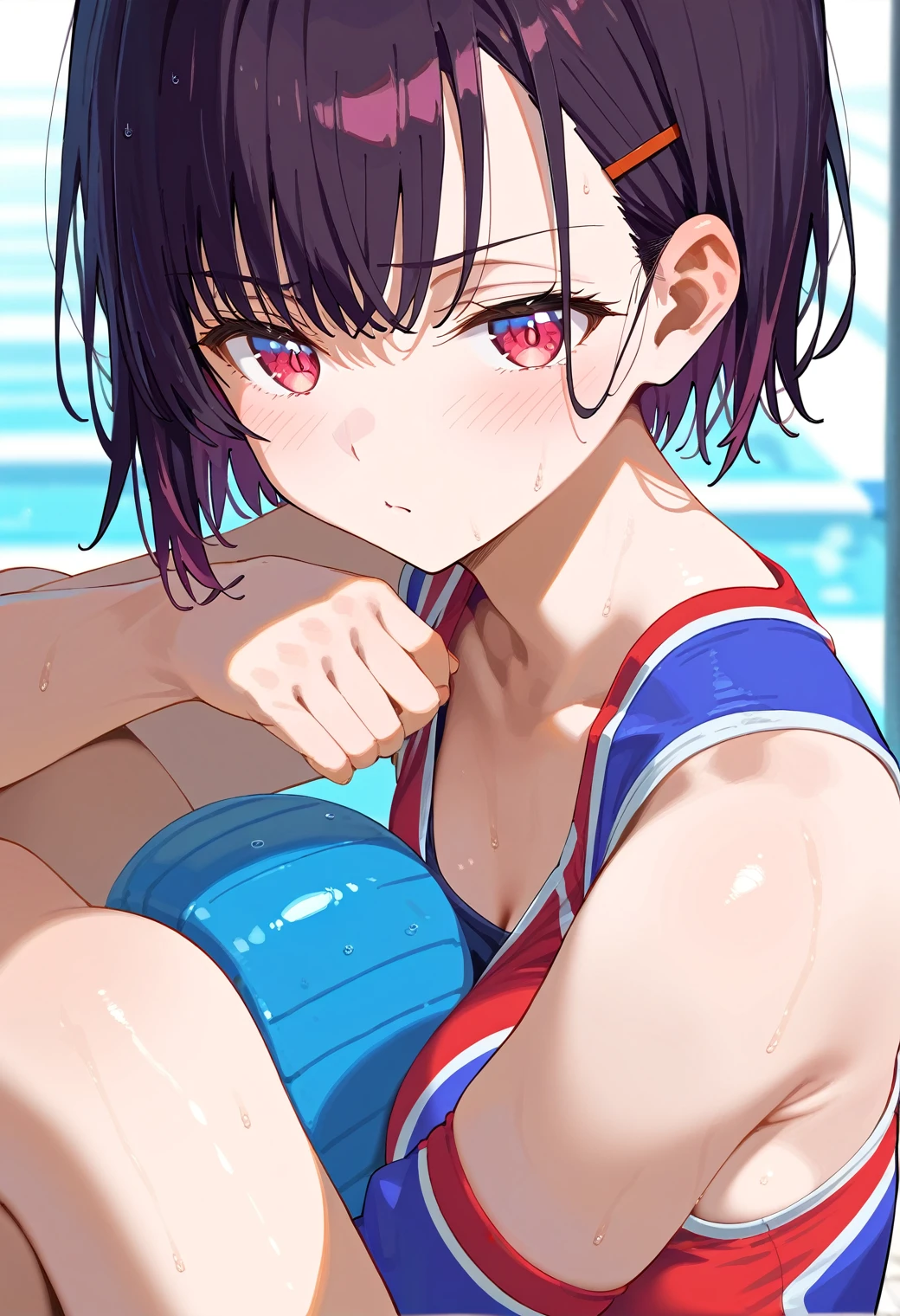 Mikazuki Shizuka, alone,One girl, Sportswear,belly button,Open up,Fingering,1boy,Poolside,blush,feel ashamed,BREAKscore_9, score_8_Excellent, score_7_Excellent, anime