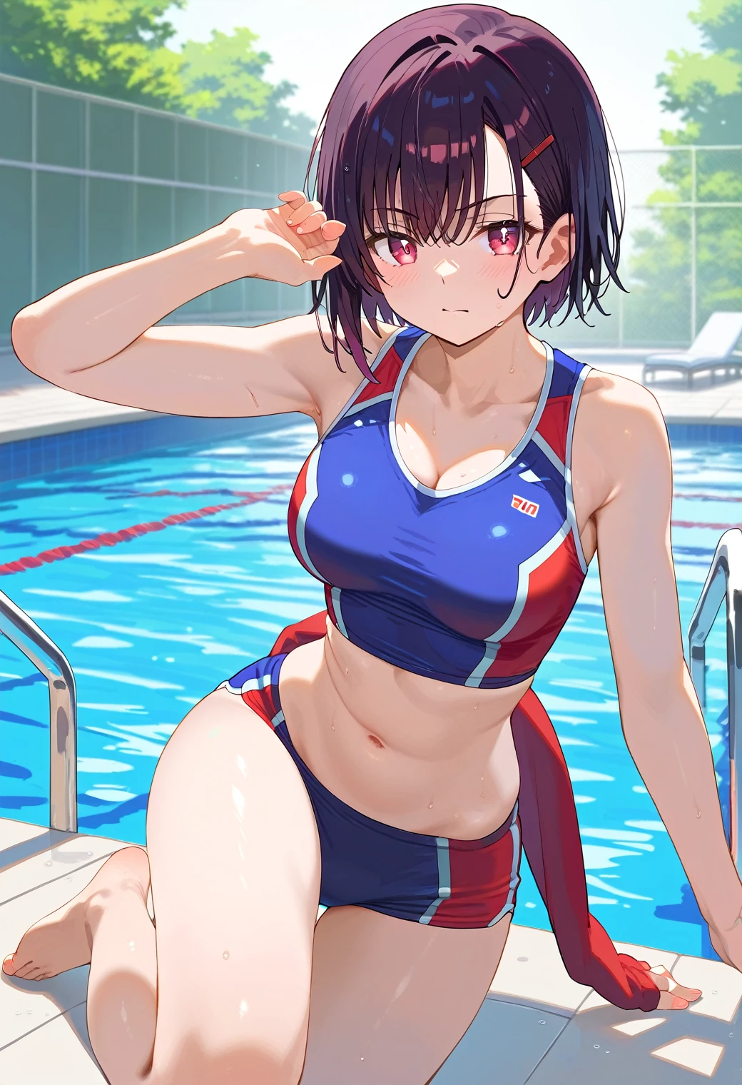 Mikazuki Shizuka, alone,One girl, lie down,Sportswear,belly button,sex,Insert,Have sex,nsfw,Poolside,blush,BREAKscore_9, score_8_Excellent, score_7_Excellent, anime