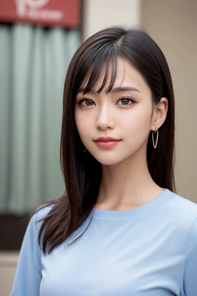 in a photo studio posing for pictures, in casual fashion, {upper body | close up}, smile:1.2