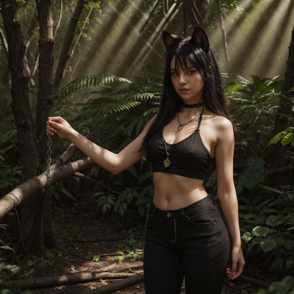 forest, catgirl, cat ears, tail with black fur, black cropped t-shirt adorned with medals and chains, black jeans adorned with chains and patches, beams of sunlight shining through the canopy, yellow eyes, calico fur, beautifully lit, insanely detailed, stunning environment