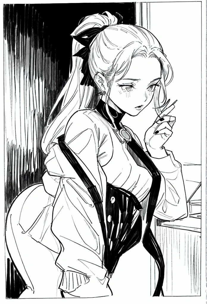 a girl, about 20 years old, hair with ponytail, sensuous, black andwhite, Dash, 80’s, comics style, Miro Manara, Le Clic
