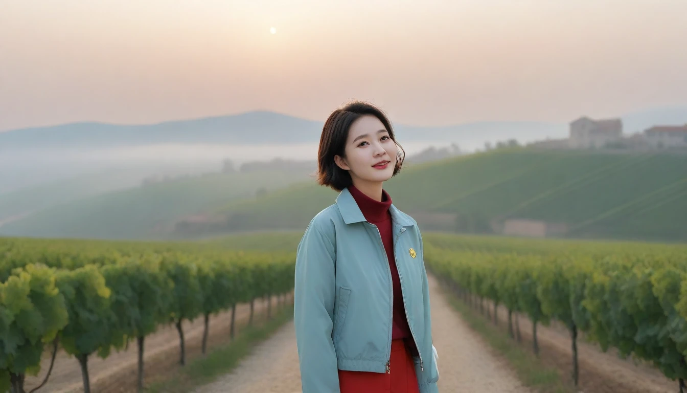 8k realistic, lifelike photo,, 36 year old Korean woman, Short in stature, pretty like a model. High-end luxury brand windbreaker, casual pants, short medium hair, Smiley, Italy. vineyard, thick dawn fog. vineyard 멀리 짙은 안개 속으로 마을이 보인다. 1 woman, Short in stature, Excellent picture quality, The morning fog is thick, The picture quality is alive. 옆면 look up, sunrise red light, A monastery can be seen in the distance, . Smiley, Wide angle lens upper body shot, look up, standing on the path, Show your waist, Make your whole body visible