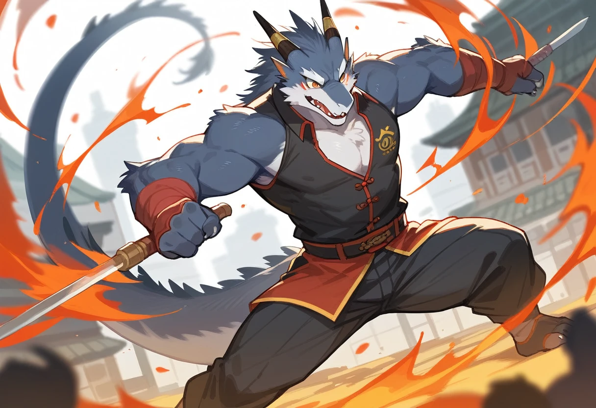 top quality, high-quality illustrations((masterpiece))depth of field, motion blur, absurdres, Perfect Anatomy, magnificent picture of kemono fighting fierce battles, kemono, 1boy, solo focus, Anthro((dramatic))epic, weapon, dynamic pose, One scene of movie,FURRY,dragon,Chinese