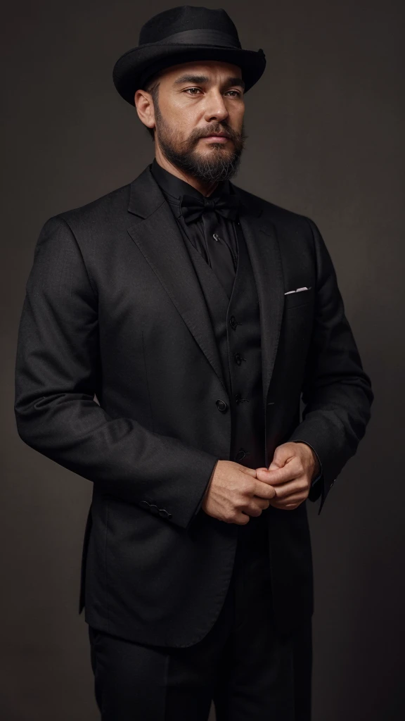 A confident and handsome middle-aged man with a neatly trimmed beard stands poised in a 1920s black suit and matching black hat. With a commanding presence, he gestures to the left side, teaching something vital and motivational. His sharp attire and confident demeanor underscore his authority and wisdom.