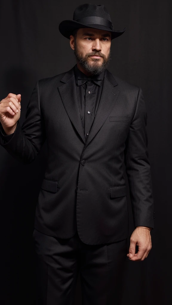 A confident and handsome middle-aged man with a neatly trimmed beard stands poised in a 1920s black suit and matching black hat. With a commanding presence, he gestures to the left side, teaching something vital and motivational. His sharp attire and confident demeanor underscore his authority and wisdom.