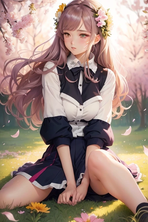 Anime Girls sitting on the ground with flowers in the background, Gwaiz, beautiful Anime Girls, artwork in the style of Gwaiz, Soft anime illustration, Beautiful Anime artwork, Anime Girls, cute Anime Girls, Beautiful Anime, Gwaiz masterpiece, anime art wallpaper 4k, anime art wallpaper 4k, Beautiful Anime art, Anime Style 4k