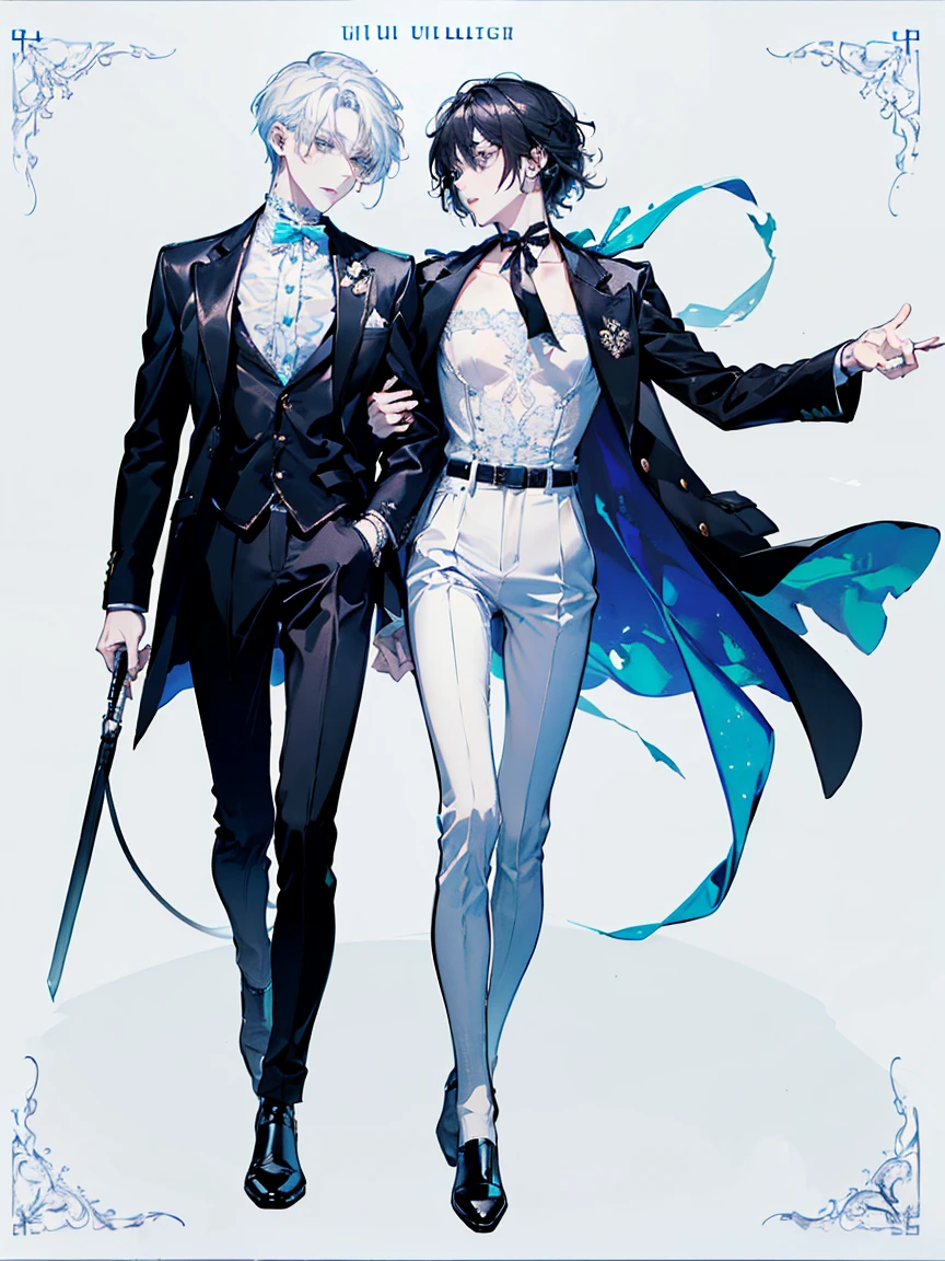((full body: 2)), ((UHD, masterpiece, super detail, best quality, highres, 8k)), (detailed line art), perfect face, perfect body, perfect hands, perfect feet.
Humans, around 20 years old, (2 males: 2.0), male idols, (simple background, magazine cover style: 1.5).
Features of the first person :Gentle atmosphere, standing on the right, (bright blonde hair), (parallel eyebrows, light blue eyes, droopy eyes, thin lips), (white top, collarbone-revealing shirt, puffed sleeves shirt, white ribbon decorations:1.5, white frill decorations:1.5, white corset, high-waisted white pants, white belt, white leather shoes), (white ribbon choker), (angelic atmosphere), (looking forward).
Features of the second person : Cool atmosphere, standing on the left, (black hair), (parallel eyebrows, light blue eyes, slanted eyes, thin lips), (black top, high-neck top, tight-fitting top, black jacket, short-length jacket, black belt decorations:1.5, black pants, black belt, black leather shoes), (black earrings, black bracelet), (devilish atmosphere), (looking forward).