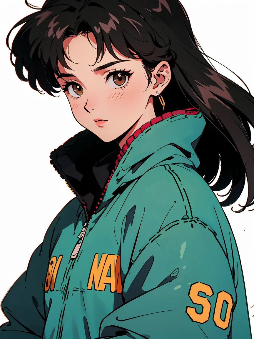 Best image quality, 90s style anime, 21 year old girl, Black Hair, Long Hair, Light brown eyes, Wearing a loose parka, 90s fashion, White Background, 