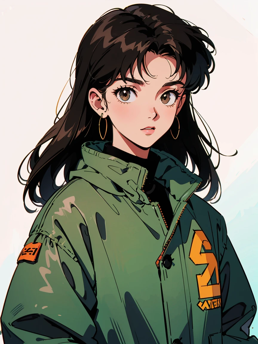 Best image quality, 90s style anime, 21 year old girl, Black Hair, Long Hair, Light brown eyes, Wearing a loose parka, 90s fashion, White Background, 