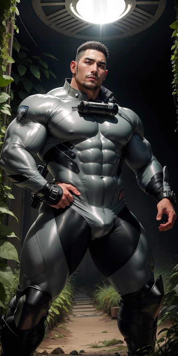 一个特别High target, huge, and muscular police officer.,Silver-grey khaki camouflage diving suit,Mouth slightly open,Tongue sticking out,Kneeling naked,Hands raised,Round butt,High targetlights,Character Conception(Resident Evil - Chris Redfield,Chris Redfield)senior police officer,Wearing Silver-grey khaki camouflage diving suit,Matte texture,Metal jewelry,Regular symmetrical texture pattern,Standing in the dark sugar cane jungle, The body was wrapped in thick vines.,Heroic male pose,Tall Burly,muscular!Attractive leg muscles,High target, Burly, Heqiang, Wearing Silver-grey khaki camouflage diving suit, Super Buff and Coolness, High Resolution Committee, Big feet in silver-gray boots,Charismatic strongman,The bright sunshine shines on you,Matte particles,Shiny texture