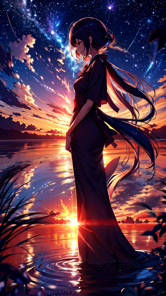 ((Silhouette Art)), The sadness of Orihime, who was separated from her by the Milky Way, is conveyed., She stretches out her right arm in farewell., close, profile, Top view.