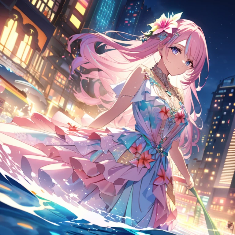 Create an anime-style illustration of a character wearing an elaborate Hawaiian dress decorated with flowers and jewels against a bright night beach background. The dress should have multiple layers and ruffles, with jewels of different colors embedded throughout. Draw the character's face in detail. Pink's character's pink hair should be long and flowing to complement the intricate design of the dress. The cityscape at night should be vibrant. The streets are lit up in different colors and the streets are buzzing with lights indicating an active nightlife. Includes light reflections from buildings in the body of water between them.Overlooking,