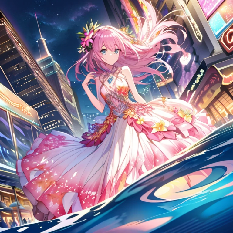 Create an anime-style illustration of a character wearing an elaborate Hawaiian dress decorated with flowers and jewels against a bright night beach background. The dress should have multiple layers and ruffles, with jewels of different colors embedded throughout. Draw the character's face in detail. Pink's character's pink hair should be long and flowing to complement the intricate design of the dress. The cityscape at night should be vibrant. The streets are lit up in different colors and the streets are buzzing with lights indicating an active nightlife. Includes light reflections from buildings in the body of water between them.Overlooking,