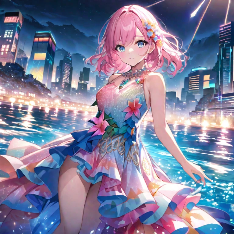 Create an anime-style illustration of a character wearing an elaborate Hawaiian dress decorated with flowers and jewels against a bright night beach background. The dress should have multiple layers and ruffles, with jewels of different colors embedded throughout. Draw the character's face in detail. Pink's character's pink hair should be long and flowing to complement the intricate design of the dress. The cityscape at night should be vibrant. The streets are lit up in different colors and the streets are buzzing with lights indicating an active nightlife. Includes light reflections from buildings in the body of water between them.Overlooking, 