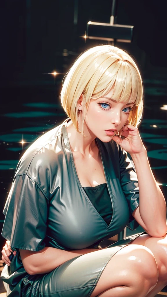 (（（Perfect body,White and tender skin,（（（BLACK KIMONO, CLEAVAGE, VAMBRACES,）））,（（（Samui, Blue eyes, blonde hair, short hair, bangs, blunt bangs,）））,((masterpiece)),high resolution, ((Best quality at best)),masterpiece,quality,Best quality,（（（ Exquisite facial features,Looking at the audience,There is light in the eyes,Poker face）））,Squatting，From below）））,（（（Light and shadow,Huge breasts，）））,（（（Looking at the camera,black background,)））),