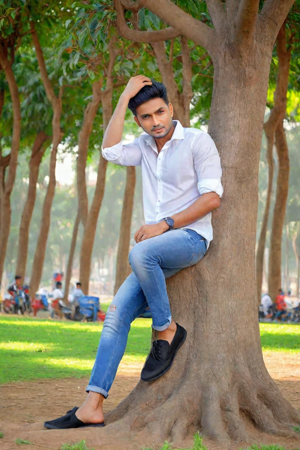 arafed man sitting on a tree in a park with his hand on his head, casual photography, modeling shoot, white shirt and blue jeans, casual pose, mohamed chahin style, with a cool pose, stylish pose, full body photogenic shot, white shirt and jeans, inspired by Bikash Bhattacharjee, modeling photography, sitting on a tree