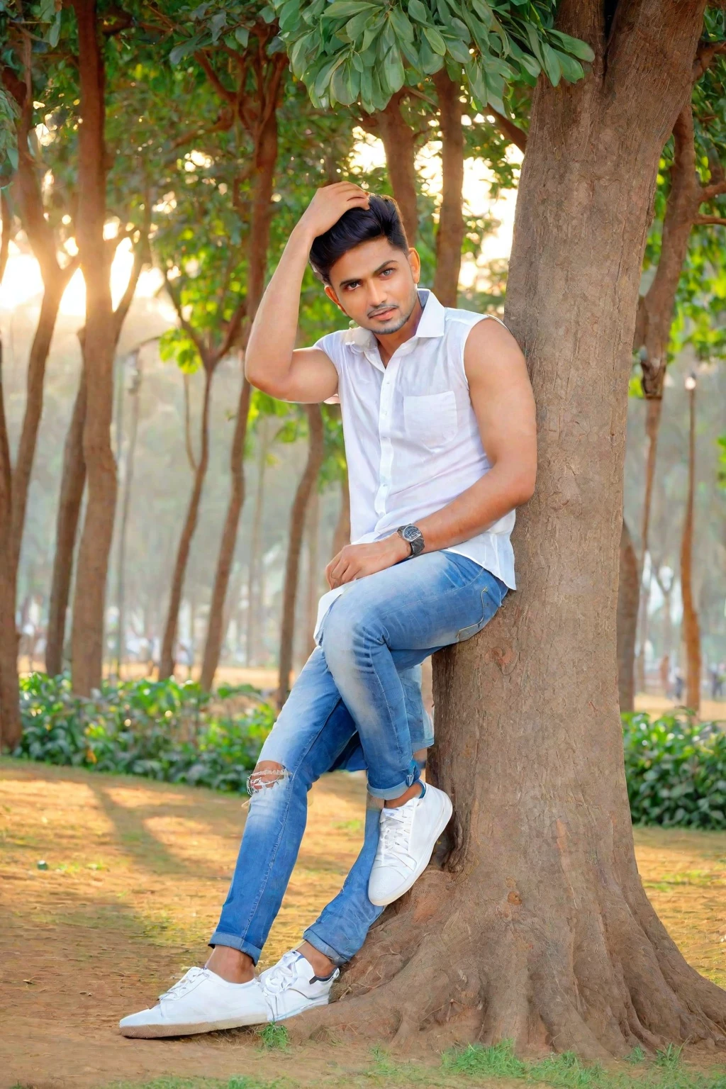 arafed man sitting on a tree in a park with his hand on his head, casual photography, modeling shoot, white shirt and blue jeans, casual pose, mohamed chahin style, with a cool pose, stylish pose, full body photogenic shot, white shirt and jeans, inspired by Bikash Bhattacharjee, modeling photography, sitting on a tree