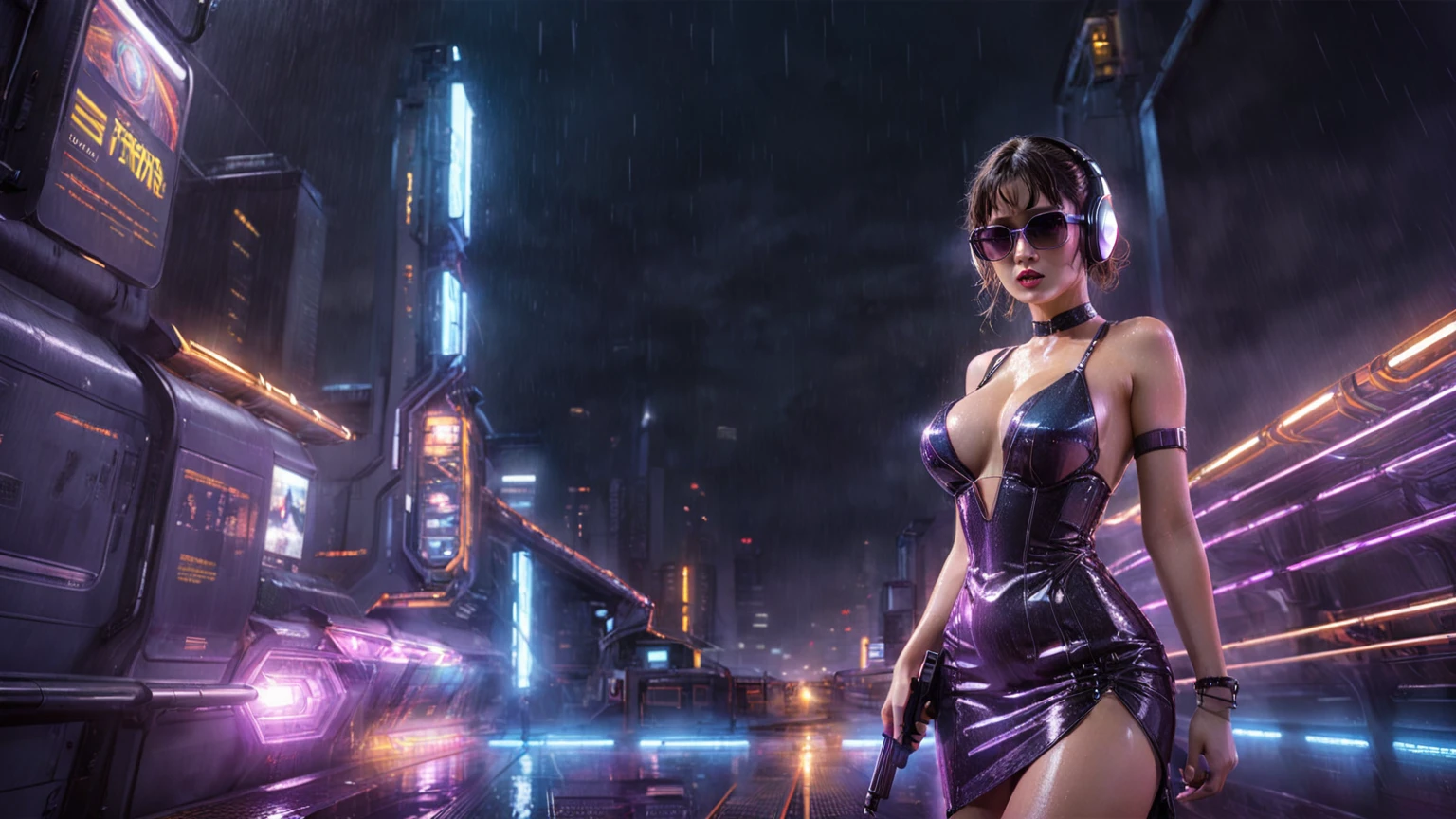 (((aerial view))), Blade Runner style futuristic railway platform, hi-tech train, neon lights, rainy night. (1girl, solo, alone), large-:1.2 slim body, cleavasexy wind blow wet dress:1.4, headphone, (black sunglasses), (((she raised a pistol:1.8 and shot:1.8 the viewer))), dynamic pose, (((half-body thigh level medium shot))), cinematic lighting, lens flare, ray tracing, blurred:1.4 background.