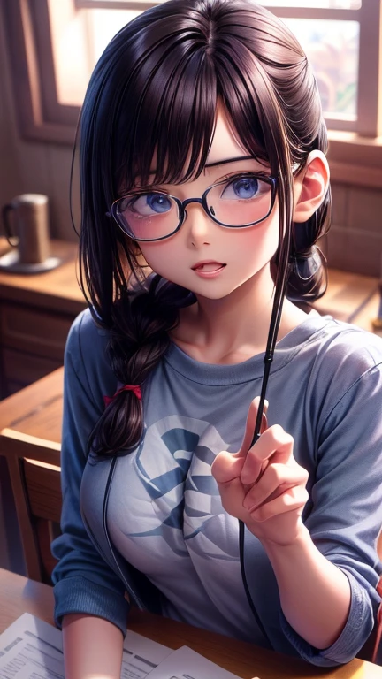 View your viewers,Leaning forward,(Random cute clothes),(Random animated poses),(Thin type),(Large Breasts),(Random hairstyle),(Best image quality, (8K), Ultra-realistic, 最high quality, high quality, High resolution, high qualityの質感, Attention to detail, Beautiful details, Fine details, Highly detailed CG, Detailed Texture, Realistic facial expressions, masterpiece, before),(Wear glasses:1.1)