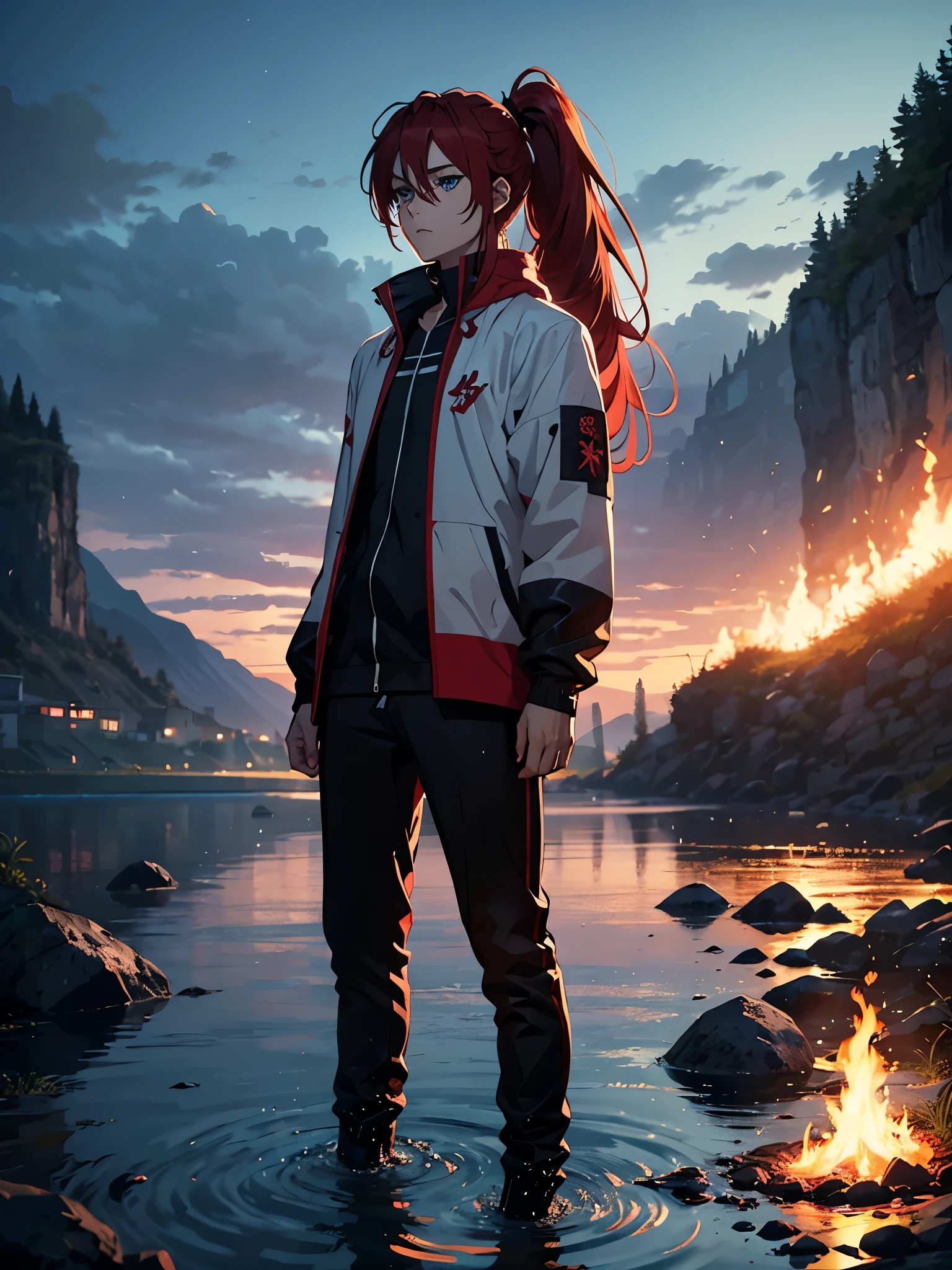 Zopf. Ponytail. More anime style. blue flames. 2d. flatter. anime style. Viking clothing. soft. More anime. Standing in a lake. More anime. More 2d. Clean. More anime. 2d. Glow. Red hair. More anime. male. Long hair. long red hair. boy, vikings. red hair. Blue eyes. fire. 
