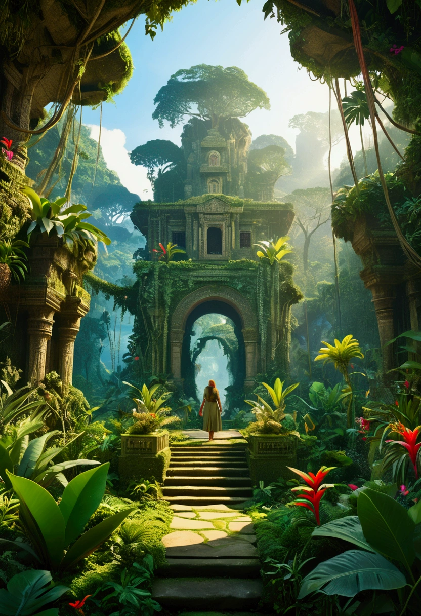 (Jungle Adventurer), Explore the Enchanted Enclave with (plants), a hidden sanctuary where flora and fauna coexist in perfect harmony, creating a magical realm untouched by time, full body, award-winning, cinematic still, emotional, vignette, dynamic, vivid, (masterpiece, best quality, Professional, perfect composition, very aesthetic, absurdres, ultra-detailed, intricate details:1.3)