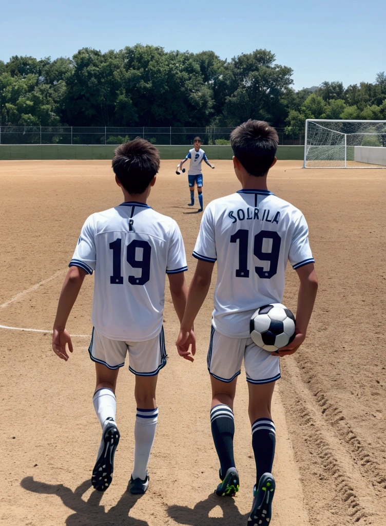 Young male players 19 years old walking backwards towards a soccer football cup on a dirt soccer field 