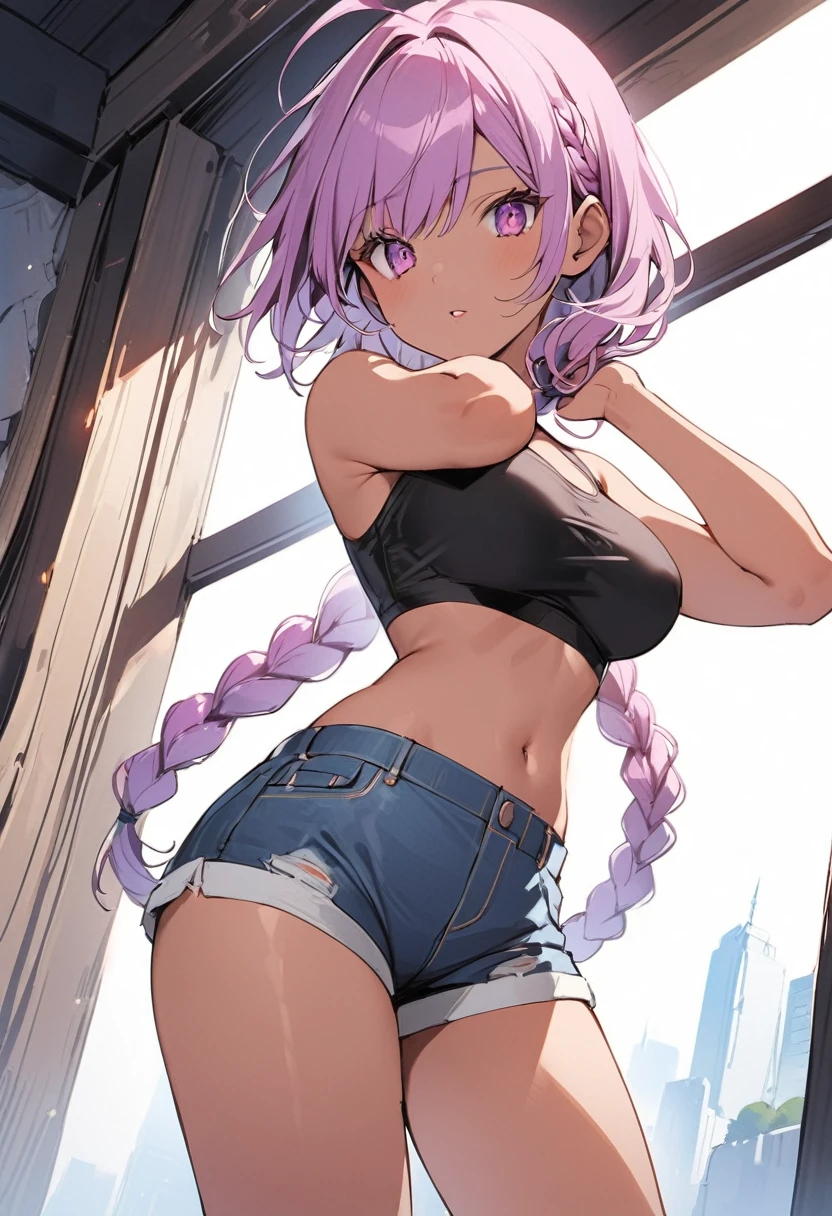 ((masterpiece,High resolution,Highest quality))
(28 years old,Dark skinned woman,Dark Skin,Narrow waist,Beautiful breasts,erotic,Enchanting)
(Purple hair short,Square braid)
(Pink eyes,Sharp Eyes,Aggressive eyes,Detailed lips)
(Black crop top,Denim shorts,Belly button)