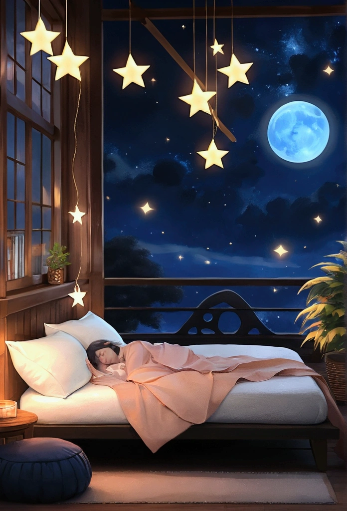 (Peaceful Dreams,夜のTranquility,Tranquility,peaceful sleep),(Highest quality,Very detailed,Realistic),(Painting),(Shining Star,Gentle moonlight),(Soft pillow,Comfortable bed,Dreamy atmosphere),(Tranquility,Luxurious sleep),(Peaceful and serene),(Subtle colors,Dark and warm tones),(Soft and diffuse lighting)