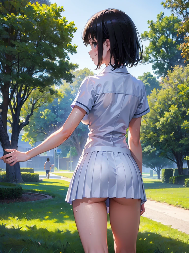 (Highest quality, masterpiece, Ultra-high resolution, (Photorealistic:1.4), RAW Photos),One girl,chool uniform,(wet:1.1), short sleeve,no skirt ,show off hip,no panties,no bra,(Very short black hair, Amazingly cute face, Very beautiful big black eyes)), Very lean body, Very flat and beautiful Massive Breasts and a beautiful ass,blush,Showcasing cleavage, legs, stretch legs, hip,spread legs, (back pose:1.3),View Viewer, Detailed face, Fine grain, Detailed Hair, Detailed body, Thigh details,