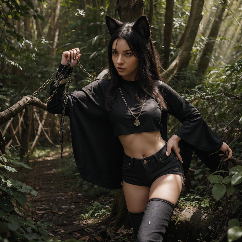 forest, catgirl, cat ears, tail with black fur, black cropped t-shirt adorned with medals and chains, black jeans adorned with chains and patches, beams of sunlight shining through the canopy, yellow eyes, calico fur, beautifully lit, insanely detailed, stunning environment