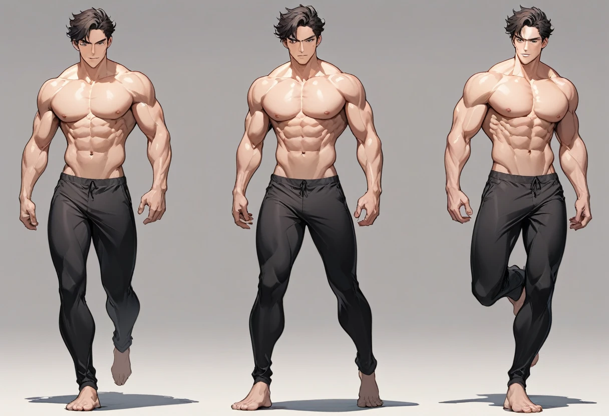 cartoon，Handsome face，Naked figure，Black pants，Perfect body，Men wearing only，Front view，Full body shot，High Detail，run