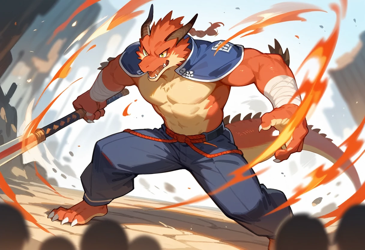 top quality, high-quality illustrations((masterpiece))depth of field, motion blur, absurdres, Perfect Anatomy, magnificent picture of kemono fighting fierce battles, kemono, 1boy, solo focus, Anthro((dramatic))epic, weapon, dynamic pose, One scene of movie,FURRY,dragon,Chinese