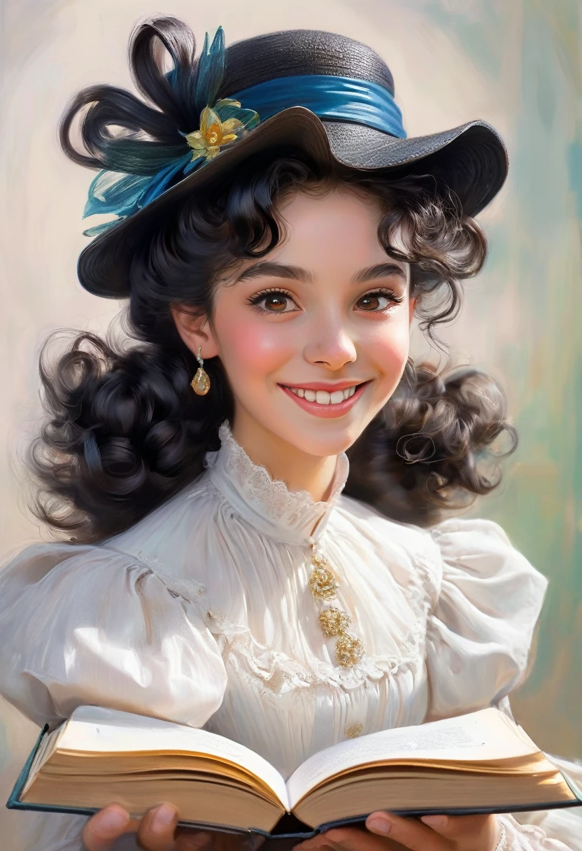 A colored pencil drawing of a pretty smiling happy victorian governess, curly black hair. Kind and inteligent, joyful energy. hair in bun, hat. book of poetry in hand.