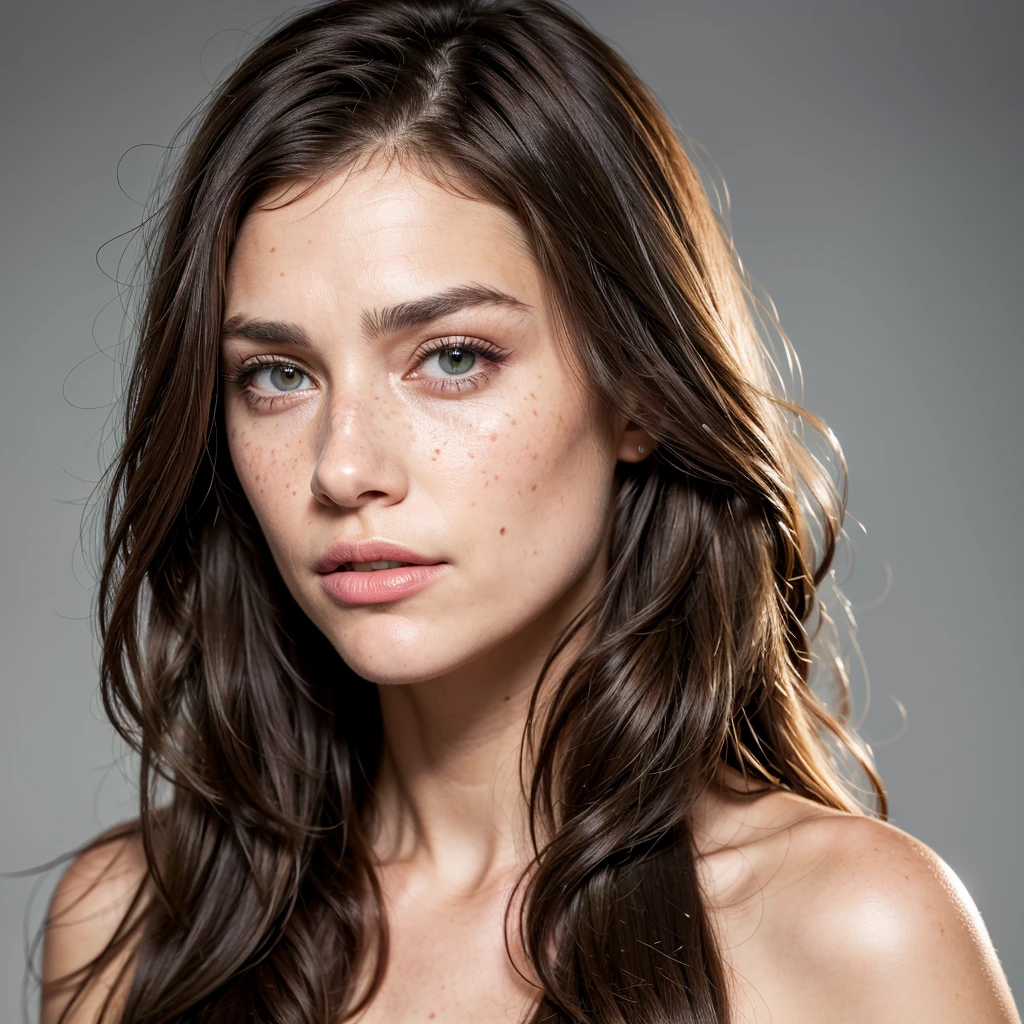 ((best quality, Exceptional quality)), ((better skin texture, premium quality material)), (portrait de visage), Beautiful brunette with green eyes, freckle on face, long wavy hair, Beautiful closed mouth, ultra realistic face, 0 defaut, 4K, portrait de face, photo de face, white background, photo de visa, white back ground, closed mouth, visage de top model