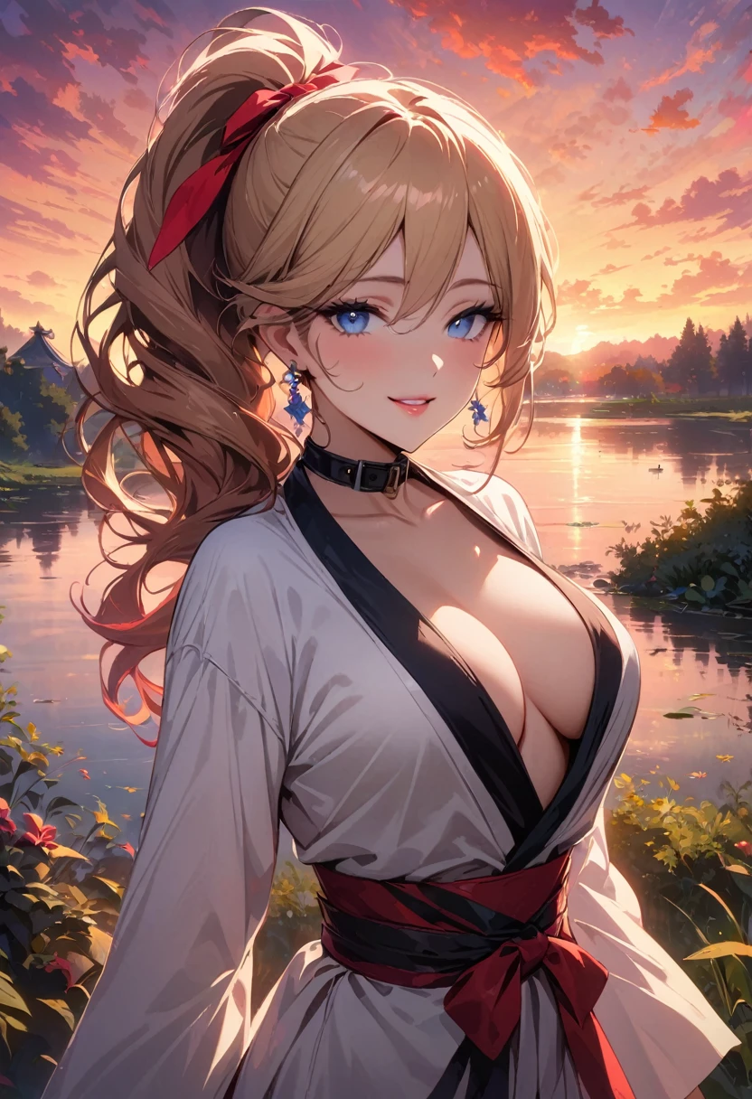 masterpiece, Ultra-high-definition CG, Highest quality, Perfect photo, Colorful sunset,Lydia by the pond,Beautiful details in the eyes,Beautiful Lips,Earrings,collar,blonde high ponytail,blue eyes,Red hair ribbon,smile,looking happily at the audience,Wearing a sexy karate costume