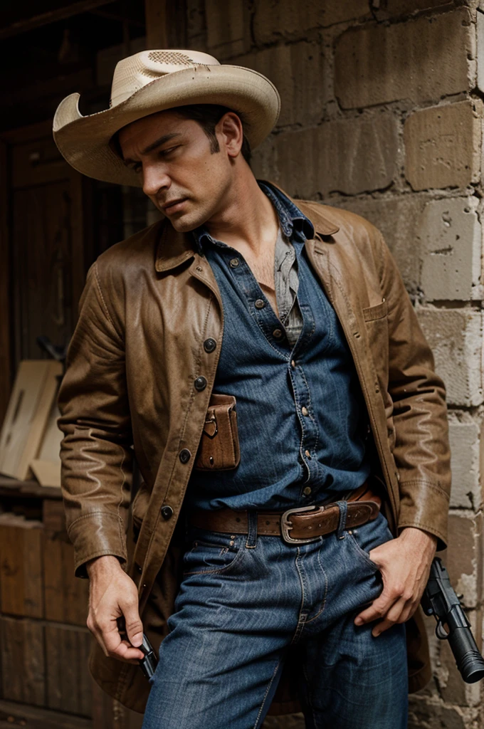 A man in cowboy attire with a gun in his hand