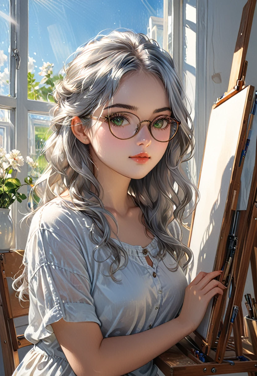 1girl, long curvy messy silver hair, green eyes, sitting on a stool in front of a easel, artists portrait, detailed face, wearing glasses, (beautiful face), art student, portrait, ((blank canvas)), model painting, the artist, white wooden wall, vibrant sunlight, glass window, (illustration, 8k, super details, award winning, high res, masterpiece)