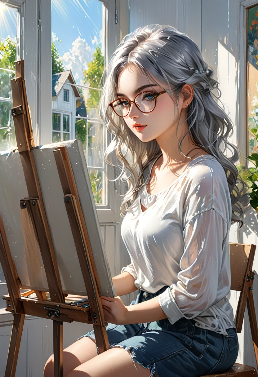 1girl, long curvy messy silver hair, green eyes, sitting on a stool in front of a easel, artists portrait, detailed face, wearing glasses, (beautiful face), art student, portrait, ((blank canvas)), model painting, the artist, white wooden wall, vibrant sunlight, glass window, (illustration, 8k, super details, award winning, high res, masterpiece)