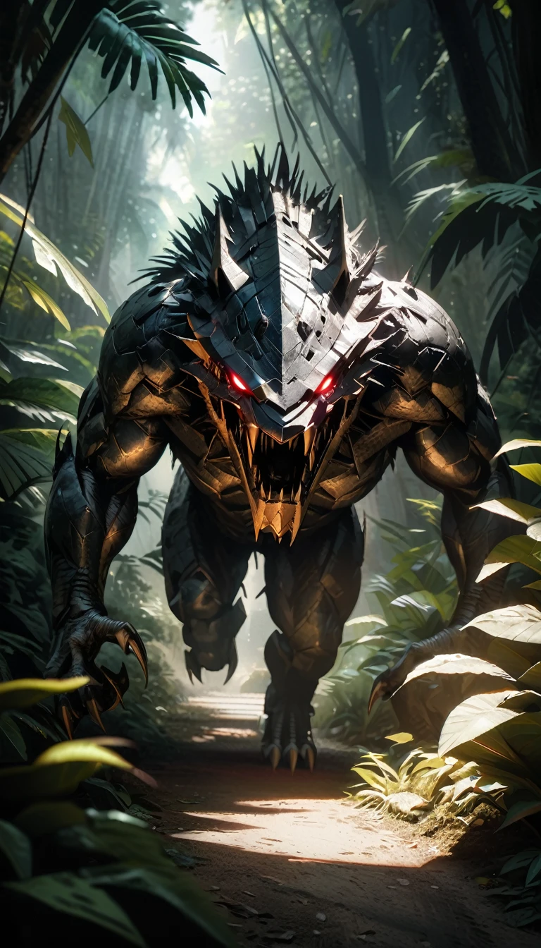 a highly detailed predator hunting in a lush jungle, 1 predator, muscular body, sharp claws, teeth, glowing eyes, camouflaged skin, stalking prey, jungle foliage, dense vegetation, sunlight filtering through leaves, realistic, cinematic lighting, dramatic shadows, muted color palette, gritty, detailed textures, ultra-detailed, 8k, photorealistic
