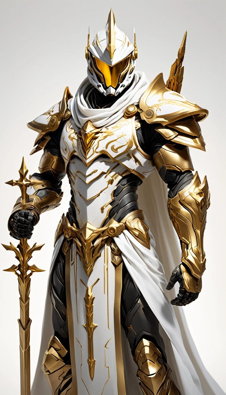Masterpieces, thin male, Holy White Knight, Action style shot, (Battle Priest in a warframe and halo style armor with a staff with a cross), (Gold and White color scheme), (white hood and cape), (action shot: holding staff), white and gold tabard (solid color background), centered, full body shot fighting, sci-fi knight, Halo master chief, vibrant colors, visible figure joints, cinematic shot, volumetric lighting, intricate pattern detail, highly detailed