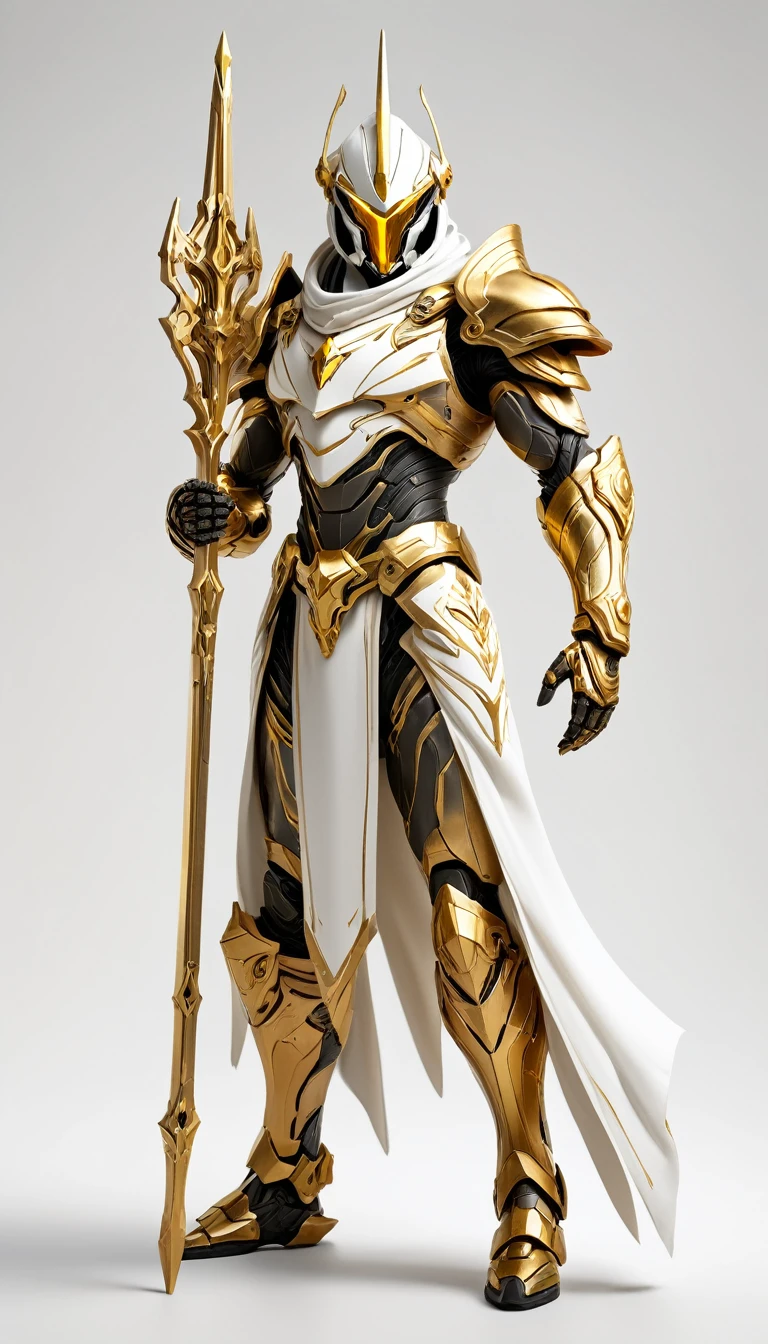 Masterpieces, thin male, Holy White Knight, Action style shot, (Battle Priest in a warframe and halo style armor with a staff with a cross), (Gold and White color scheme), (white hood and cape), (action shot: holding staff), white and gold tabard (solid color background), centered, full body shot fighting, sci-fi knight, Halo master chief, vibrant colors, visible figure joints, cinematic shot, volumetric lighting, intricate pattern detail, highly detailed