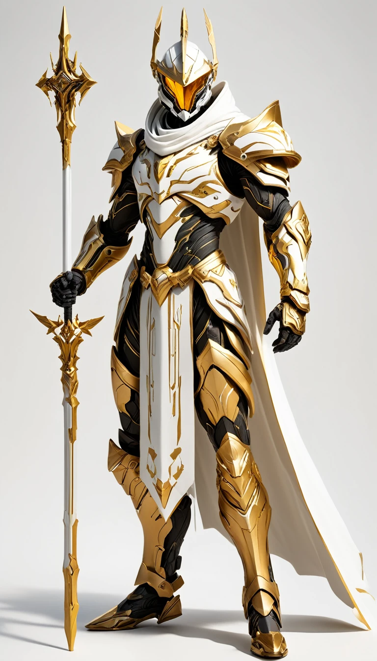 Masterpieces, thin male, Holy White Knight, Action style shot, (Battle Priest in a warframe and halo style armor with a staff with a cross), (Gold and White color scheme), (white hood and cape), (action shot: holding staff), white and gold tabard (solid color background), centered, full body shot fighting, sci-fi knight, Halo master chief, vibrant colors, visible figure joints, cinematic shot, volumetric lighting, intricate pattern detail, highly detailed