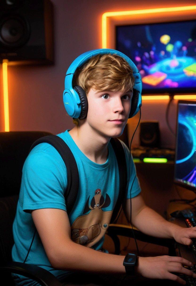 Certainly! Here's a physical description of a 24-year-old boy playing computer games with oversized headphones in a gamer-themed room with RGB LED lights, in the highest Disney Pixar quality: In a world reminiscent of a Disney Pixar film, we find a 24-year-old boy engrossed in the digital realm. His short hair is the color of golden wheat, and his eyes shimmer with excitement as he interacts with the computer screen. Large headphones, resembling those from a Pixar adventure, rest gently over his ears, adding an element of whimsy to his appearance. The room around him is a gamer's dream, bathed in a surreal glow from RGB LED lights that traverse the entire spectrum of colors, transforming his surroundings into a captivating wonderland. As he plays, his expressions mirror the emotions on his computer screen, and every movement exudes the enthusiasm of a young explorer embarking on a thrilling Disney Pixar-style adventure