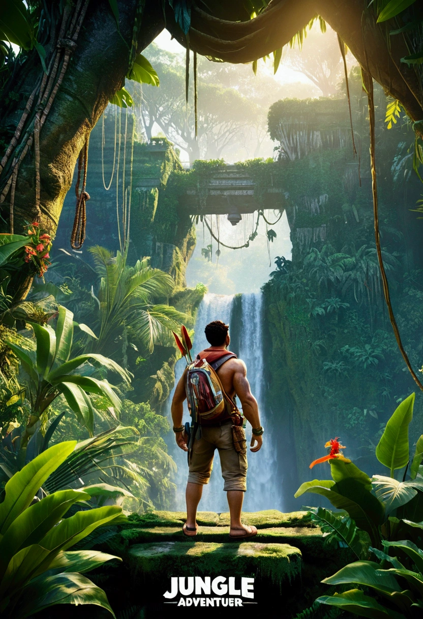 (Jungle Adventurer), against a dark background with a mysterious atmosphere and cool color tones with soft side lighting in the photography style of high contrast between light and shadow, glow effect, light leak, full body, award-winning, cinematic still, emotional, vignette, dynamic, vivid, (masterpiece, best quality, Professional, perfect composition, very aesthetic, absurdres, ultra-detailed, intricate details:1.3)