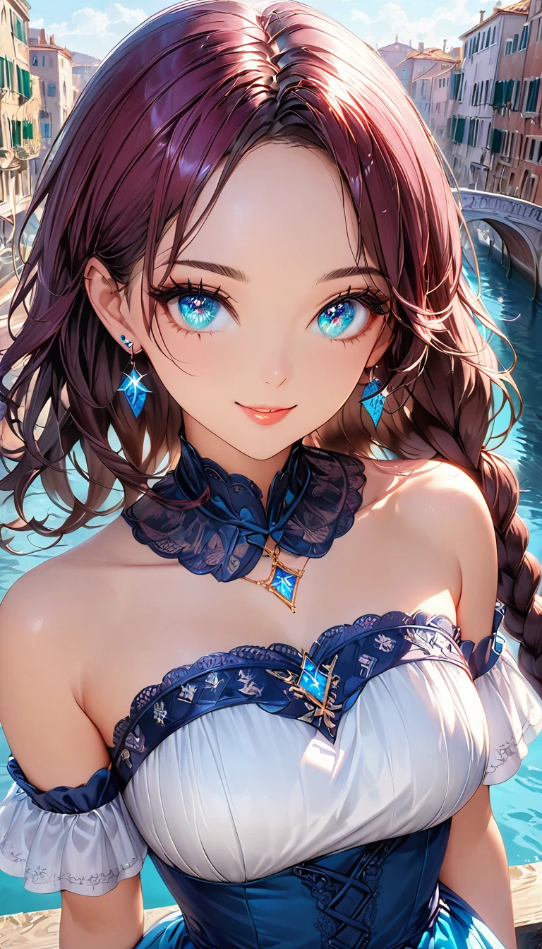 (masterpiece, very aesthetic:1.4), ultra-detailed, best quality, absurdres, Digital Painting, anime, vibrant, (recent:1.2), general, (cowboy shot:1.2),
BREAK
1 beautiful girl, colleage, (small face), beautiful detailed face,
the grace of maturing, charming girl, A symbol of miraculous beauty, Graceful posture, cuvy,
medium breasts, narrow waist, (burgundy hair, glossy hair, 1 extremely long single braid hair, asymmetrical bangs:1.5),
BREAK
(aqua blue eyes, beautiful detailed eyes:1.4), (black oblong Pupils, slant eyes:1.3),
(sparkling highlights, finely detailed irises, long delicate eyelashes:1.3),
BREAK
(Navy Blue Dress:1.4), (off shoulder, Strapless dress, Sleeveless:1.3), (tiny crystal-shaped earrings:1.2),
(A fantasy world cityscape), sunny afternoon, A city resembling Venice with canals, (Leaning against the railing of a bridge over a large river), Bright lighting, Beautiful world, Blown by the gentle wind, Soft sunlight that induces afternoon drowsiness,
BREAK
(gorgeous lips, natural pink lips, heart-shaped lips, beautiful detailed lips, Glossy, open mouth),
(1 tiny heart-shaped golden ring pendant:1.5),
(attractive smile:1.4), (looking side glance), (left hand on own chest:1.3), eye focus, gem, sparkle,
